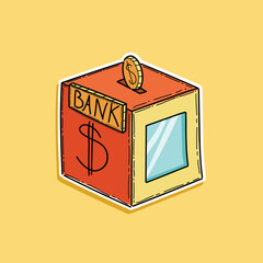 bank save money in a box vector sticker design illustration in a yellow background