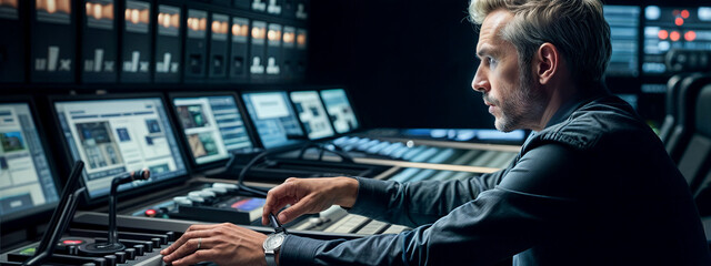 An adult man works in the control room of a TV channel. Professional video creation process. Filming, video clip, television.