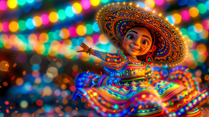 A Mexican folklore doll in a traditional costume dancing joyfully among festive, colorful bokeh lights. - obrazy, fototapety, plakaty
