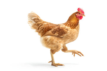 Fototapeta premium Running chicken hen on white background. Neural network generated image. Not based on any actual scene or pattern.