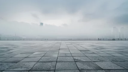 Zelfklevend Fotobehang white empty asphalt square and city landscape under a white cloudy and foggy sky. Ambient light © Bi