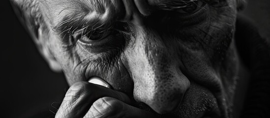 A black and white photograph capturing the intense closeup of an elderly man deep in thought,...