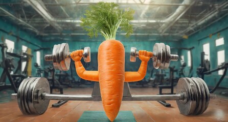A carrot lifting weights in a tiny gym Imagine a carrot, with its bright orange hue, flexing Muscle