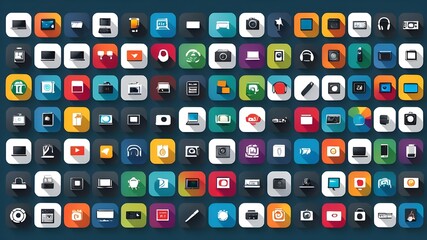 Tech gadgets icon set. Containing smartphone, laptop, tablet, smartwatch, drone, headphones, digital camera, smart TV, gaming console and more. Solid vector icons collection - obrazy, fototapety, plakaty