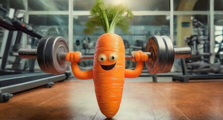 A carrot lifting weights in a tiny gym Imagine a carrot, with its bright orange hue, flexing Muscle
