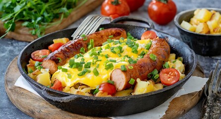 A hearty breakfast skillet filled with sizzling sausage links, scrambled eggs, diced potatoes