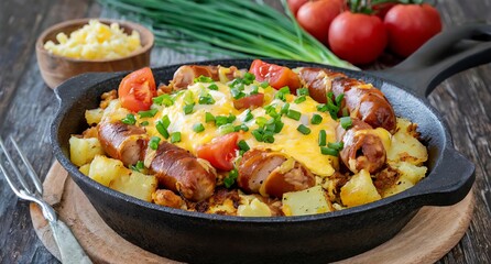 Fototapeta premium A hearty breakfast skillet filled with sizzling sausage links, scrambled eggs, diced potatoes