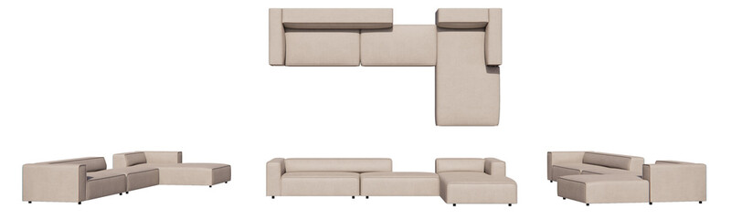 Block sofa L shape, living room, isometric sofa, sofa with pillows mockup, top view, font view,...