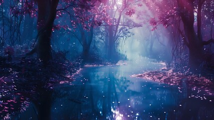 Enchanting forest scene with mist and ethereal light, captivating nature landscape with artistic flair. perfect for backgrounds and illustrations. AI