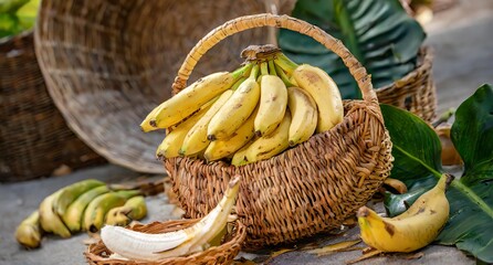 A woven basket spilling over with ripe bananas, their golden skins