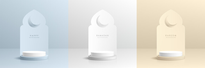 Set of Ramadan Kareem festival 3D podium pedestal background mosque shape in cream, white and blue color. Islamic greeting card template with Eid al Adha Mubarak for wallpaper, Poster, Media banner.