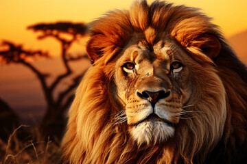 Lion portrait on savanna. Mount Kilimanjaro at sunset