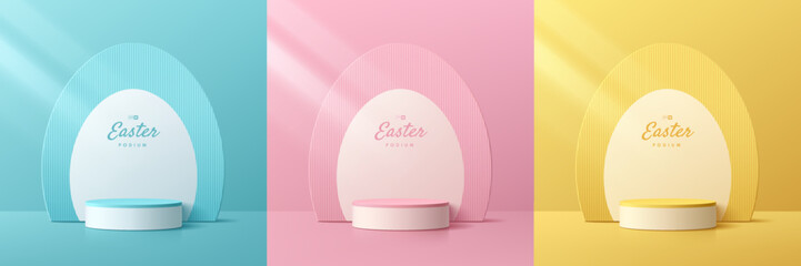 Set of 3D happy easter day background. Yellow, blue, pink and white podium with oval egg shape backdrop scene. Pastel minimal abstract room. Mockup product display. Geometric platforms. Stage showcase
