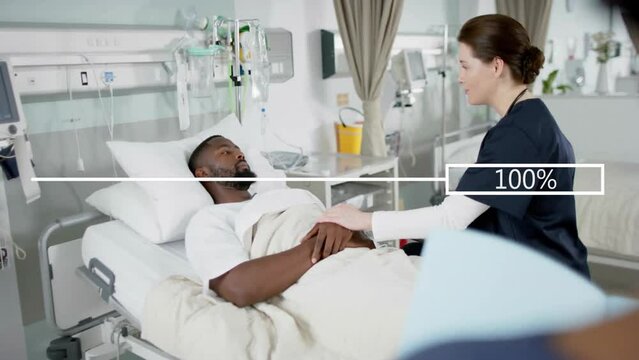 Animation of data processing over african american male patient and caucasian female doctor