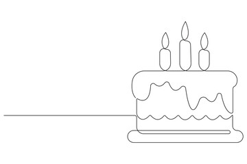 Continuous one line art drawing of birthday cake with cream, candle birthday party symbol of celebration