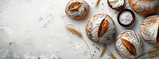 Bread bakery background top food view fresh white wheat loaf. Background food flour bakery top...