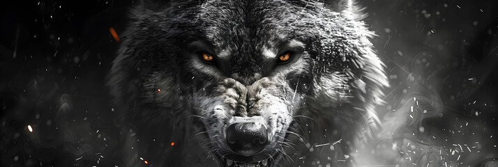Raoring Wolf in full moon night,
A greyscale close-up shot of an angry wolf with a d
