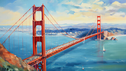 oil painting on canvas, Golden Gate bridge, San Francisco California. USA. - obrazy, fototapety, plakaty
