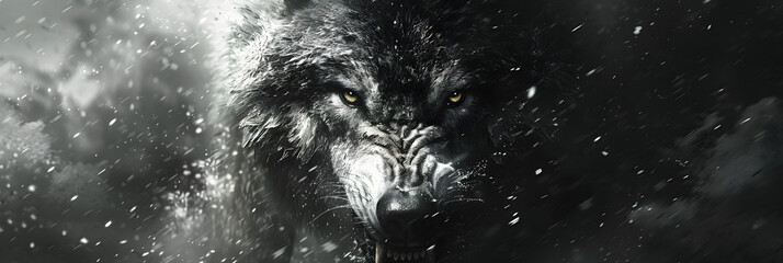 A black wolf with white teeth and a black background,
A greyscale close-up shot of an angry wolf with a d
