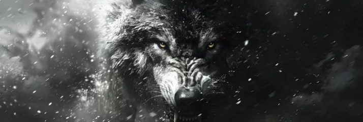 Foto op Canvas A black wolf with white teeth and a black background, A greyscale close-up shot of an angry wolf with a d  © MAamir
