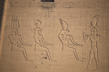 Ancient egyptian carvings and hieroglyphs at the temple of Horus in Edfu, Aswan, Egypt 