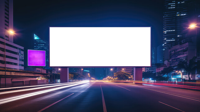 Blank billboard on the highway during the twilight with city background.- can be used for display your products or promotional