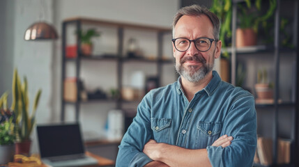 A poised man with glasses, wearing a casual denim shirt, gives a gentle, confident smile in a...