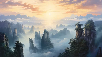 Fototapeten illustration painting of Beautiful natural landscape of Zhangjiajie National Forest Park at sunset, Hunan Province, China. © ImagineDesign