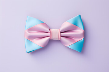 Top view of pink and blue bow tie on pastel violet background