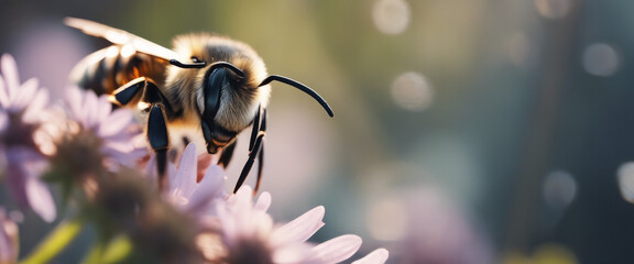 Bee perched on a purple flower, with the sunlight illuminating its fuzzy body and the surrounding blossoms.