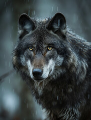 In the Whispering Rain an Alpha Wolf Stands Resolute Captivating Wildlife Photography Unveils the Essence of Raw Natural Instincts and Untamed Elegance