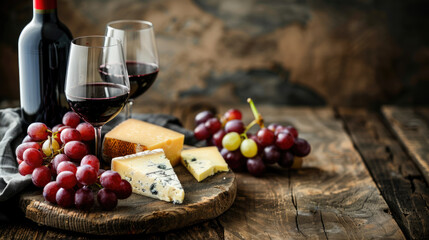 Red wine with bunches of cheese and grapes on vintage wooden table - obrazy, fototapety, plakaty