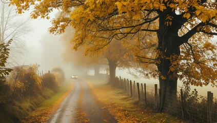 Journey Through Autumn's Heart - A Misty Road Lined with Golden Trees Leads Into the Enigmatic Fog of a Season Known for Its Transient, Vibrant Beauty