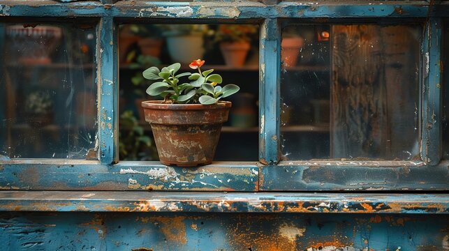 small plant pot displayed in the window vintage color