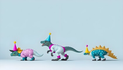 Toy dinosaurs adorned with party hats gather