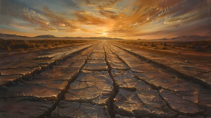 Stunning sunset over cracked desert landscape captured in vibrant colors. atmospheric outdoor scene. perfect for background use. AI