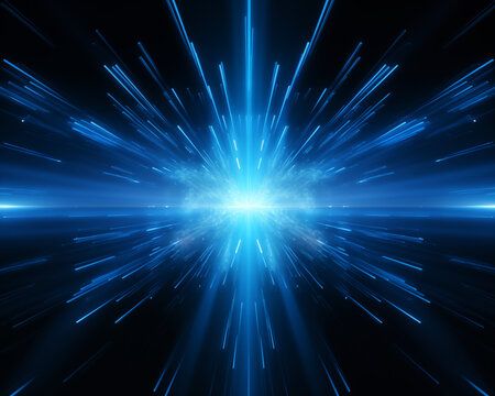 An explosion of blue light charges in space causes a wide area of ​​glow to appear in all directions. 