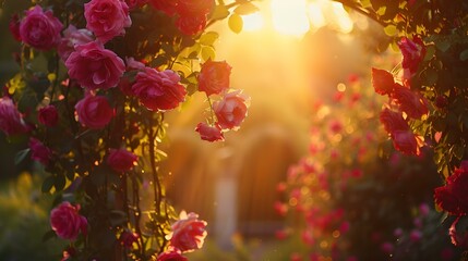 Golden sunset through a blooming rose arch, romantic natural scenery. warm light, spring garden setting. ideal for wedding invitations. AI