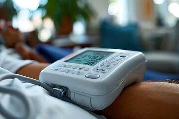 Ambulatory Blood Pressure Monitor A patient wearing an ambulatory blood pressure monitor for continuous monitoring - obrazy, fototapety, plakaty