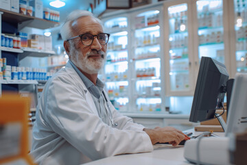 Fototapeta na wymiar senior male pharmacist working in in modern pharmacy