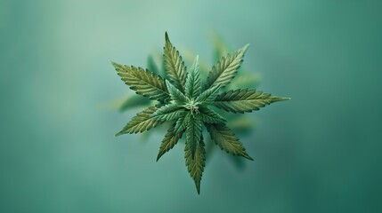 Serene floating cannabis leaf with a soft green backdrop. ideal for wellness and nature themes. studio shot with emphasis on simplicity. AI - obrazy, fototapety, plakaty