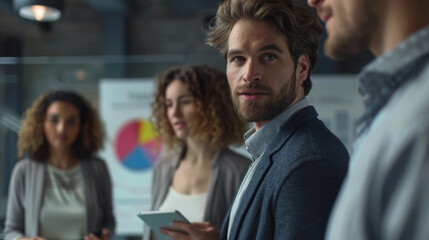 Obraz premium Three professionals are discussing data and charts on a presentation board in a modern office setting.