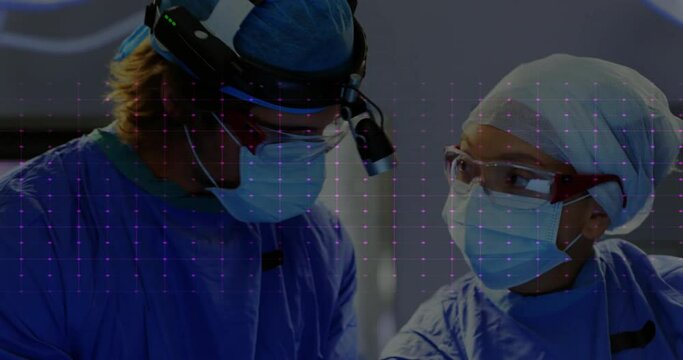 Animation of cardiograph over diverse surgeons in operating theatre