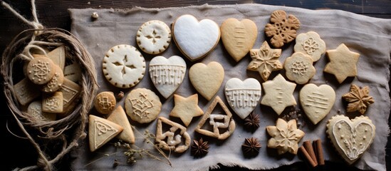 Fototapeta na wymiar A variety of shortbread cookies in different shapes and sizes are arranged neatly on a rustic wooden table. The cookies range from classic round ones to intricate heart and star-shaped ones, creating