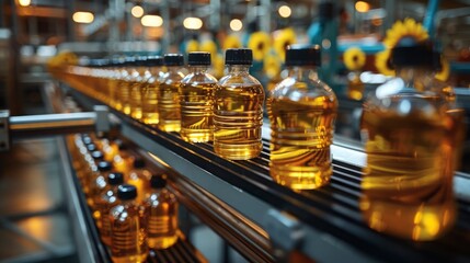 Bottling line of sunflower oil in bottles. Vegetable oil production plant. High technology