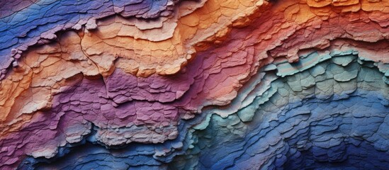Naklejka premium The close-up shot showcases a steep, multicolored rock face with an array of vibrant hues blending seamlessly. Each jagged edge and crevice of the rock face is vividly captured, highlighting the