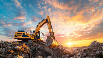 Excavator at construction site against sunset sky background, industrial machinery in action