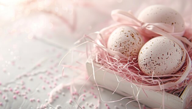Eggs in a box with pink paper straw nest, easter greeting seasonal holiday background