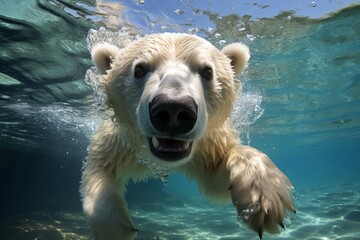 Polar bear underwater attack. Polar bear attacking underwater full paw blow details - obrazy, fototapety, plakaty