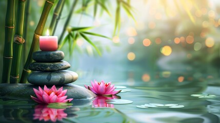 Obraz na płótnie Canvas Spa: Natural Alternative Therapy With Massage Stones And Water Lily in Water with bamboo tree, scented candle, in the style of stone sculptures